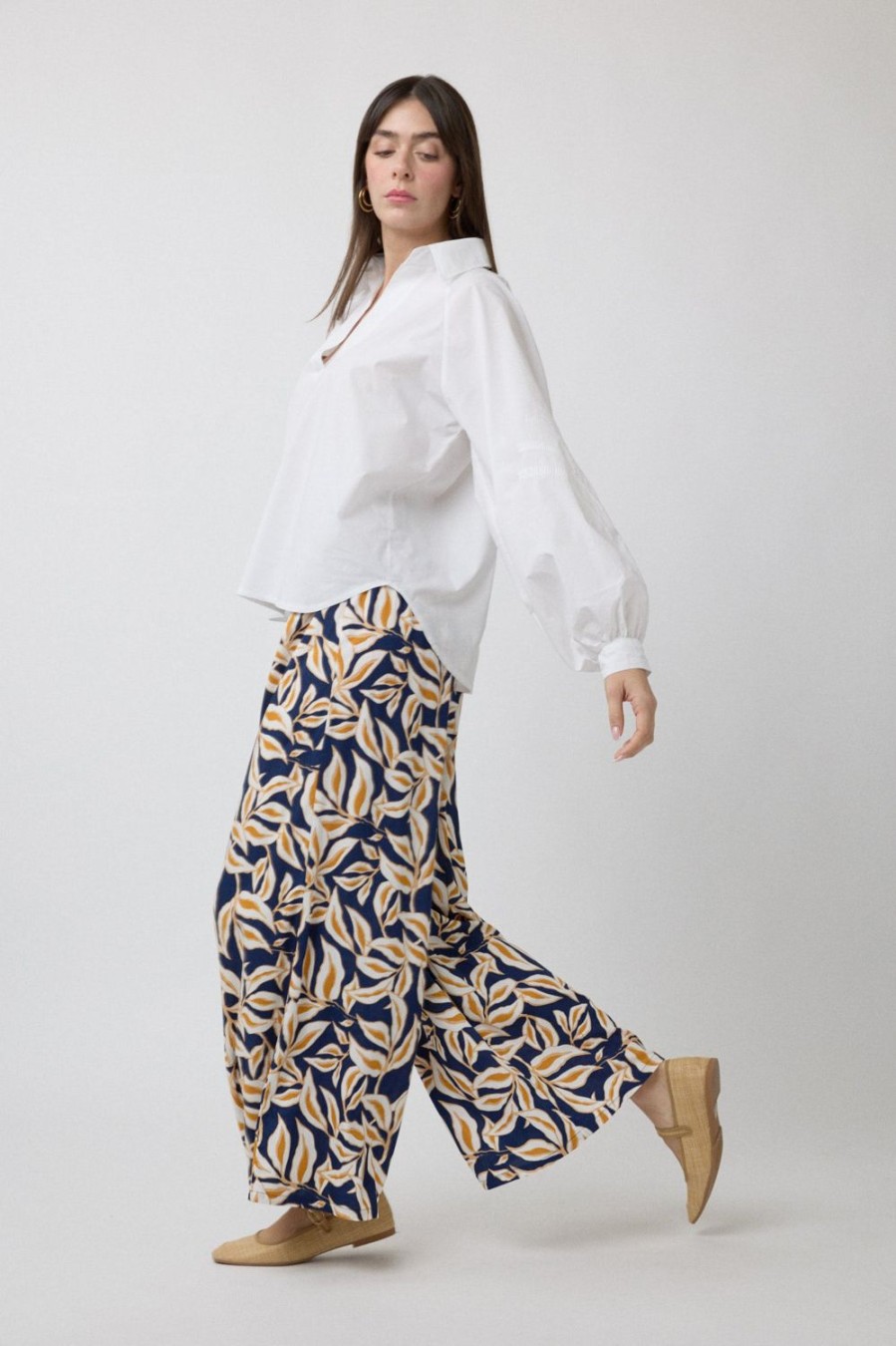 Pantalones | Algo Bonito Pantalon Palazzo Tiro Alto Con Estampado De Hojas Multicolor