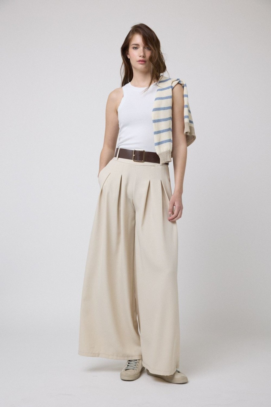 Pantalones | Algo Bonito Pantalon Ancho Pinzas Beige