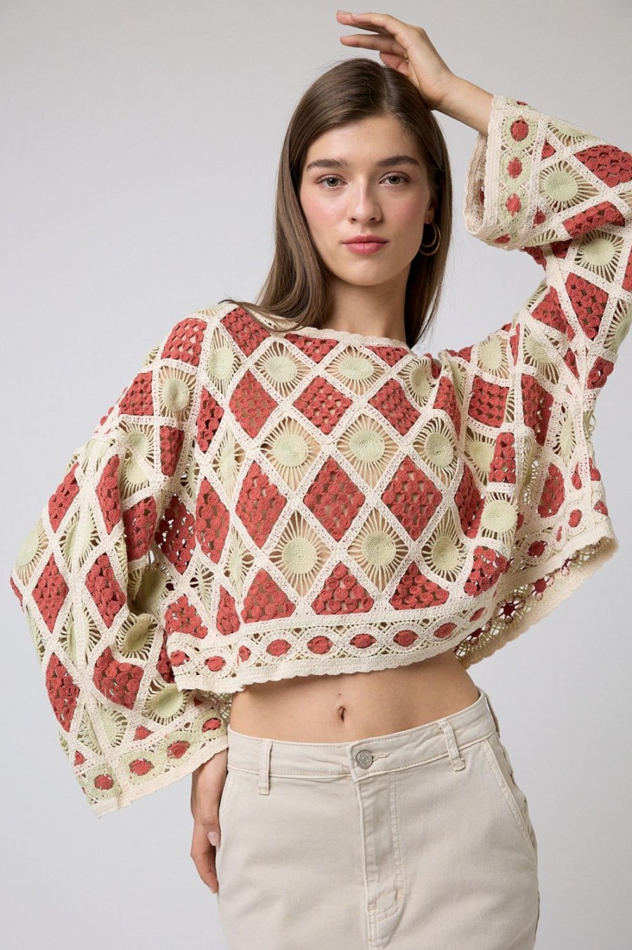 Jerseis Y Cardigans | Algo Bonito Top Crochet Cropped Diseno Rombos Bicolor Teja