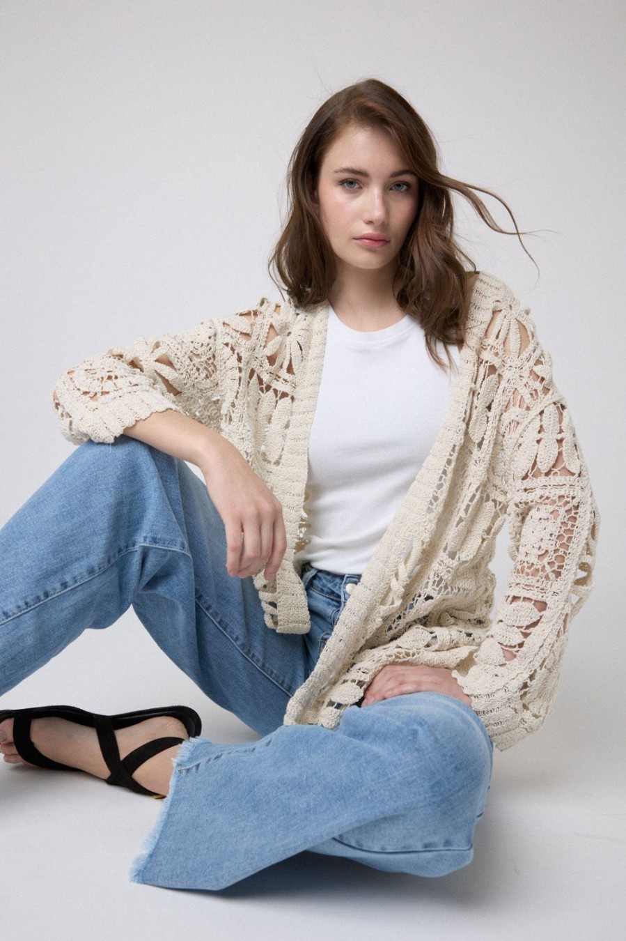 Chaquetas Y Bombers | Algo Bonito Chaqueta Larga Crochet Bordados Flor Beige