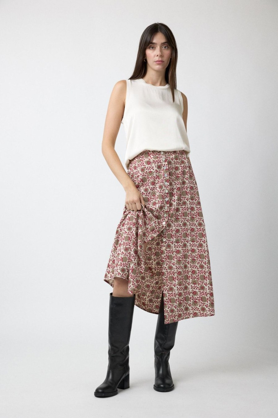 Faldas | Algo Bonito Falda Midi De Botones Con Print Floral Bicolor