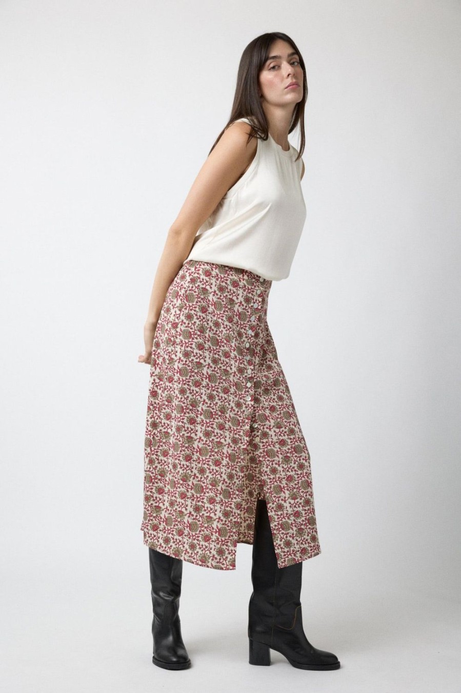 Faldas | Algo Bonito Falda Midi De Botones Con Print Floral Bicolor