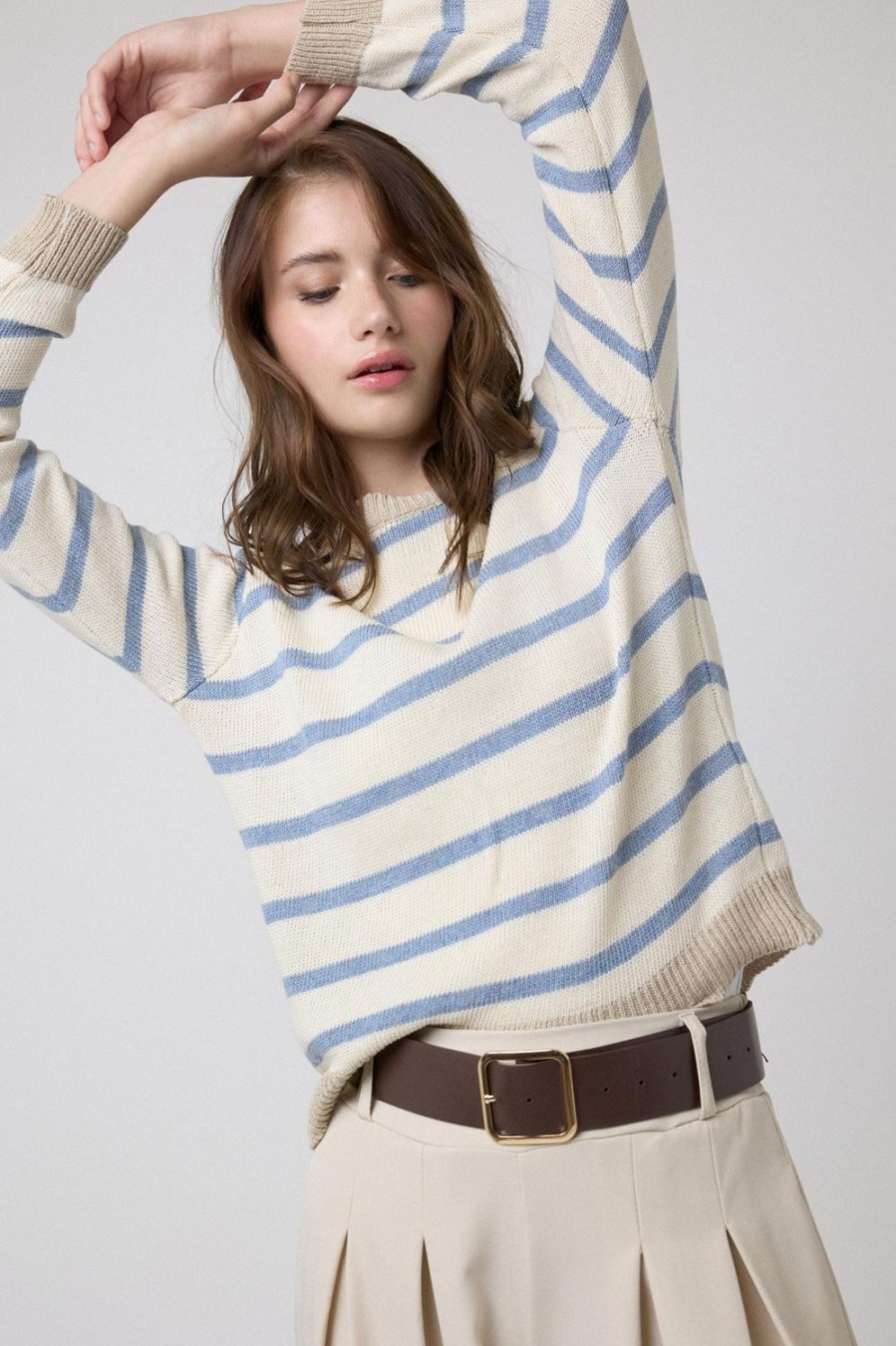 Jerseis Y Cardigans | Algo Bonito Jersey Basico A Rayas Con Detalle A Contraste Azul Tejano/Beige