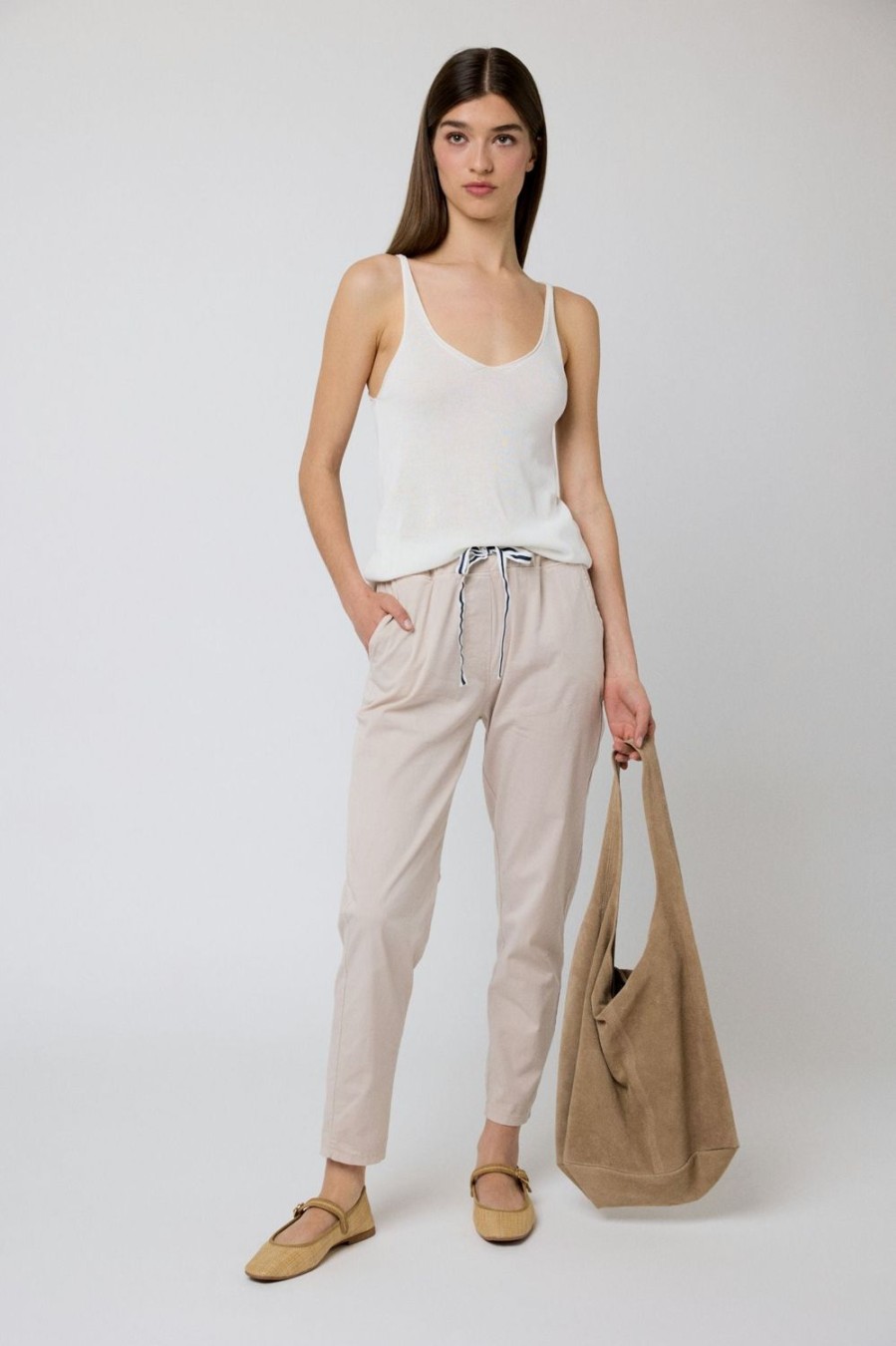 Pantalones | Algo Bonito Pantalon De Algodon Corte Recto Con Cordon Beige