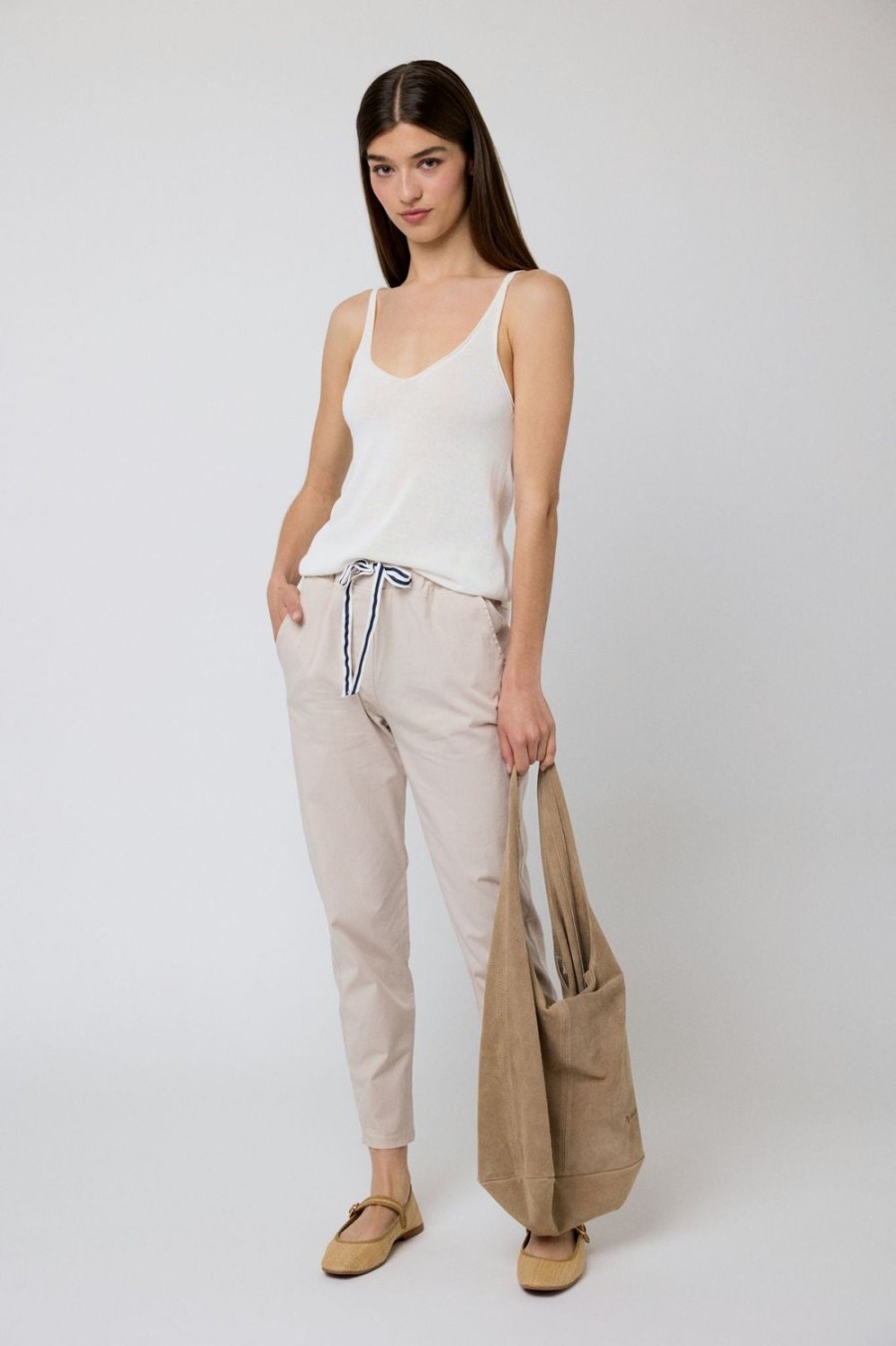 Pantalones | Algo Bonito Pantalon De Algodon Corte Recto Con Cordon Beige