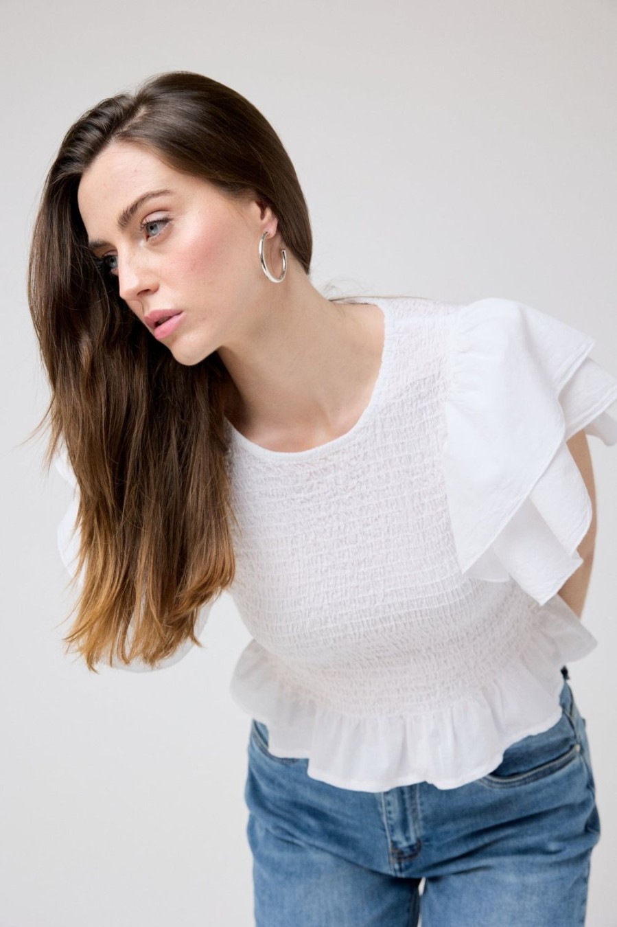 Camisas Y Blusas | Algo Bonito Blusa Nido Abeja Manga Volantes Blanco