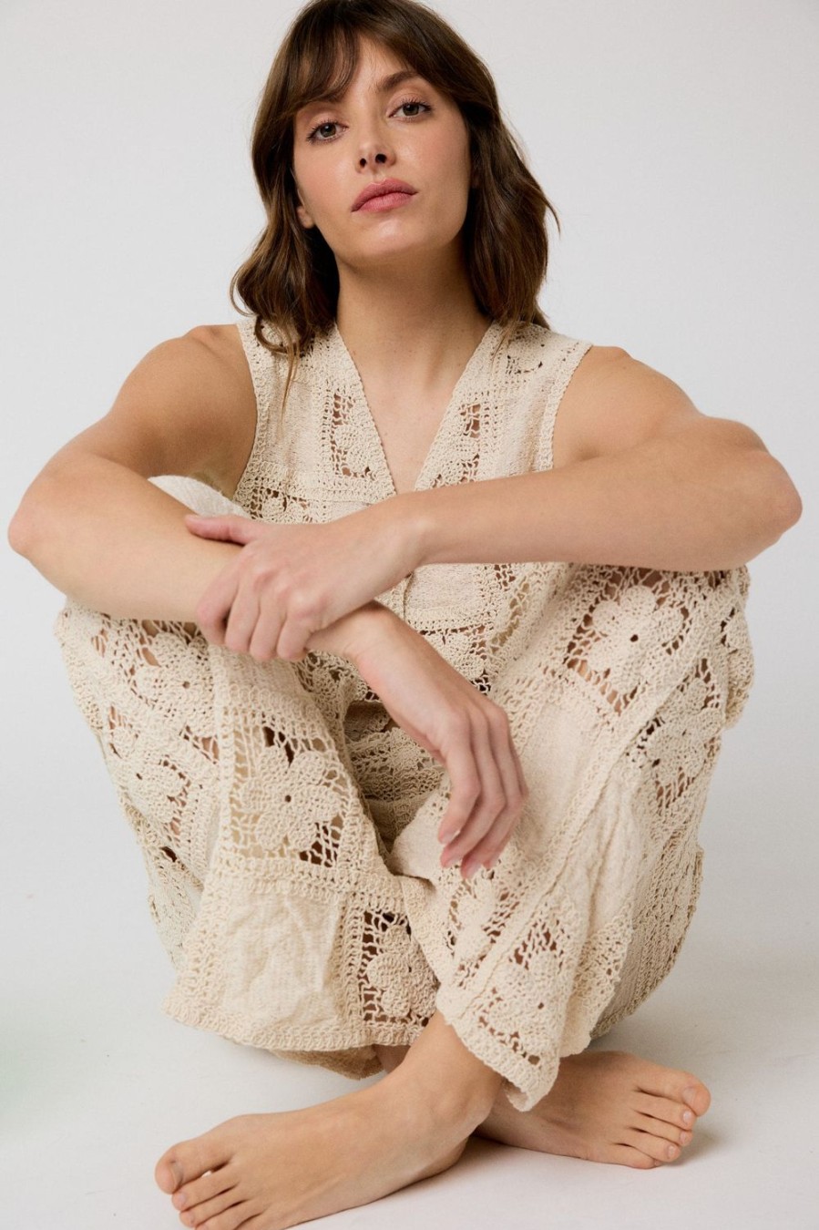 Pantalones | Algo Bonito Pantalon Crochet Floral Beige