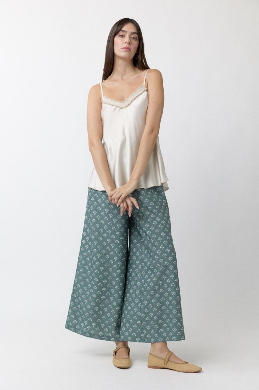 Pantalones | Algo Bonito Pantalon Palazzo Tiro Alto Con Print Bicolor Verde Agua