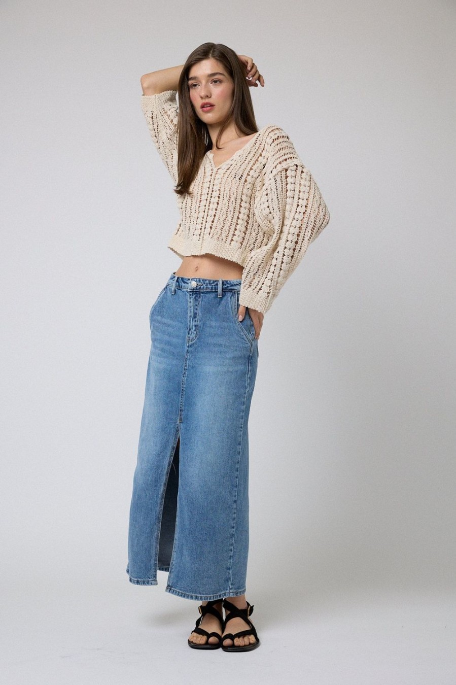 Faldas | Algo Bonito Falda Midi Denim Efecto Lavado Y Abertura Frontal Azul