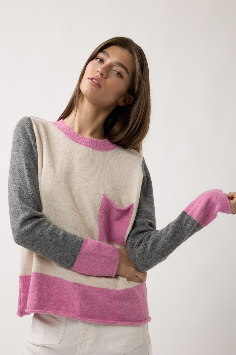 Jerseis Y Cardigans | Algo Bonito Jersey De Punto Color Block Detalle Bolsillo Rosa