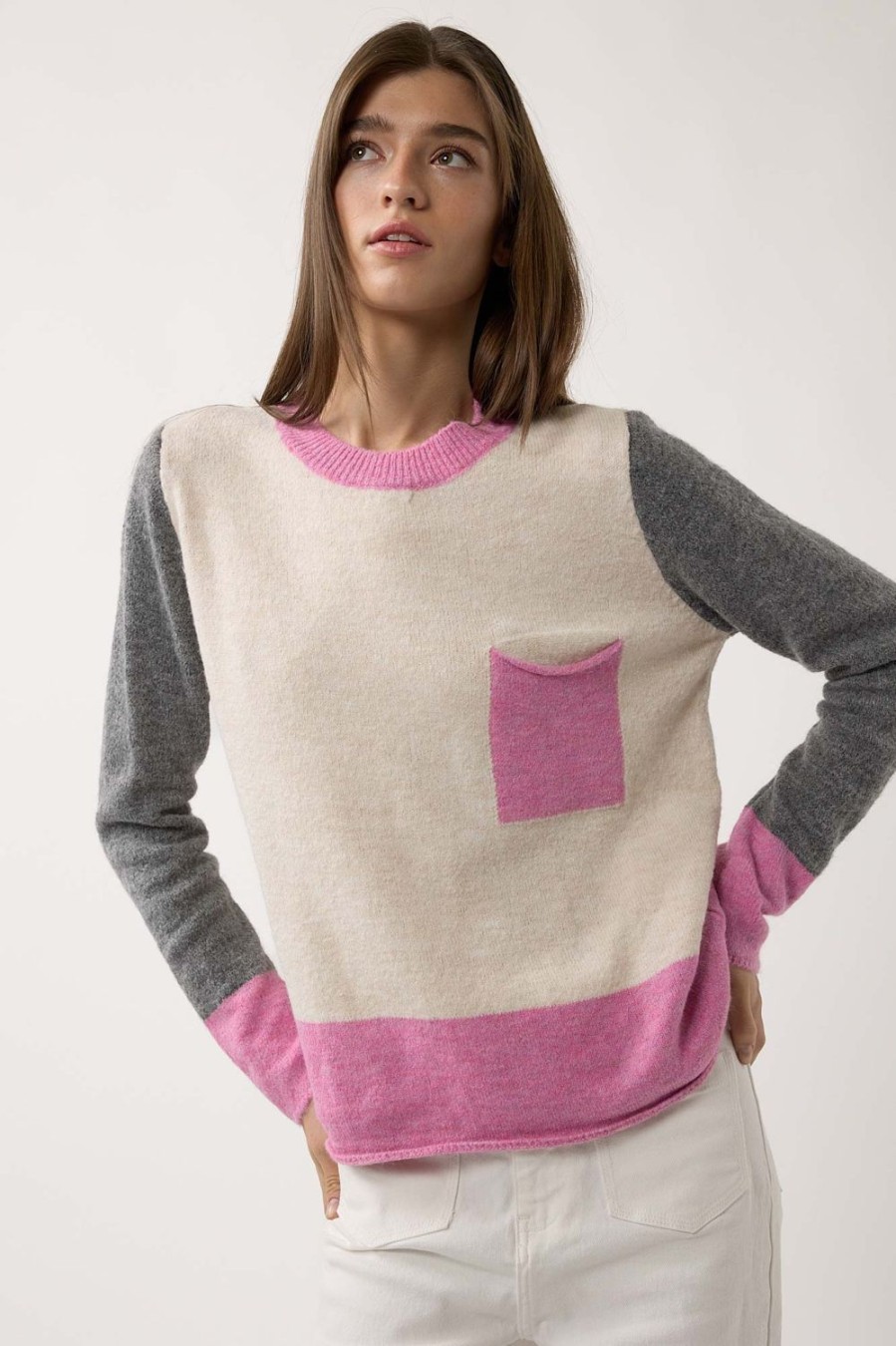 Jerseis Y Cardigans | Algo Bonito Jersey De Punto Color Block Detalle Bolsillo Rosa