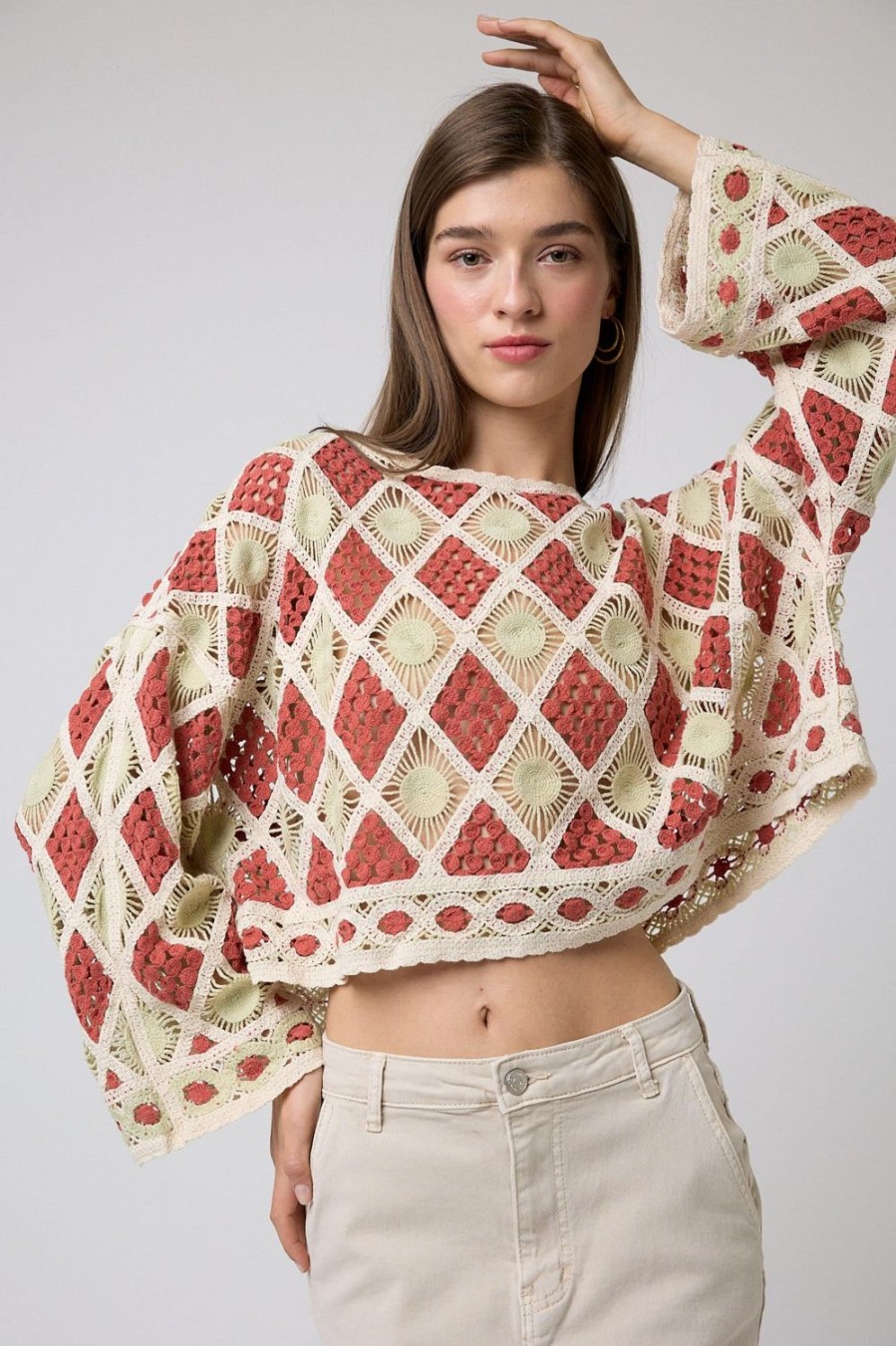 Tops | Algo Bonito Top Crochet Cropped Diseno Rombos Bicolor Teja