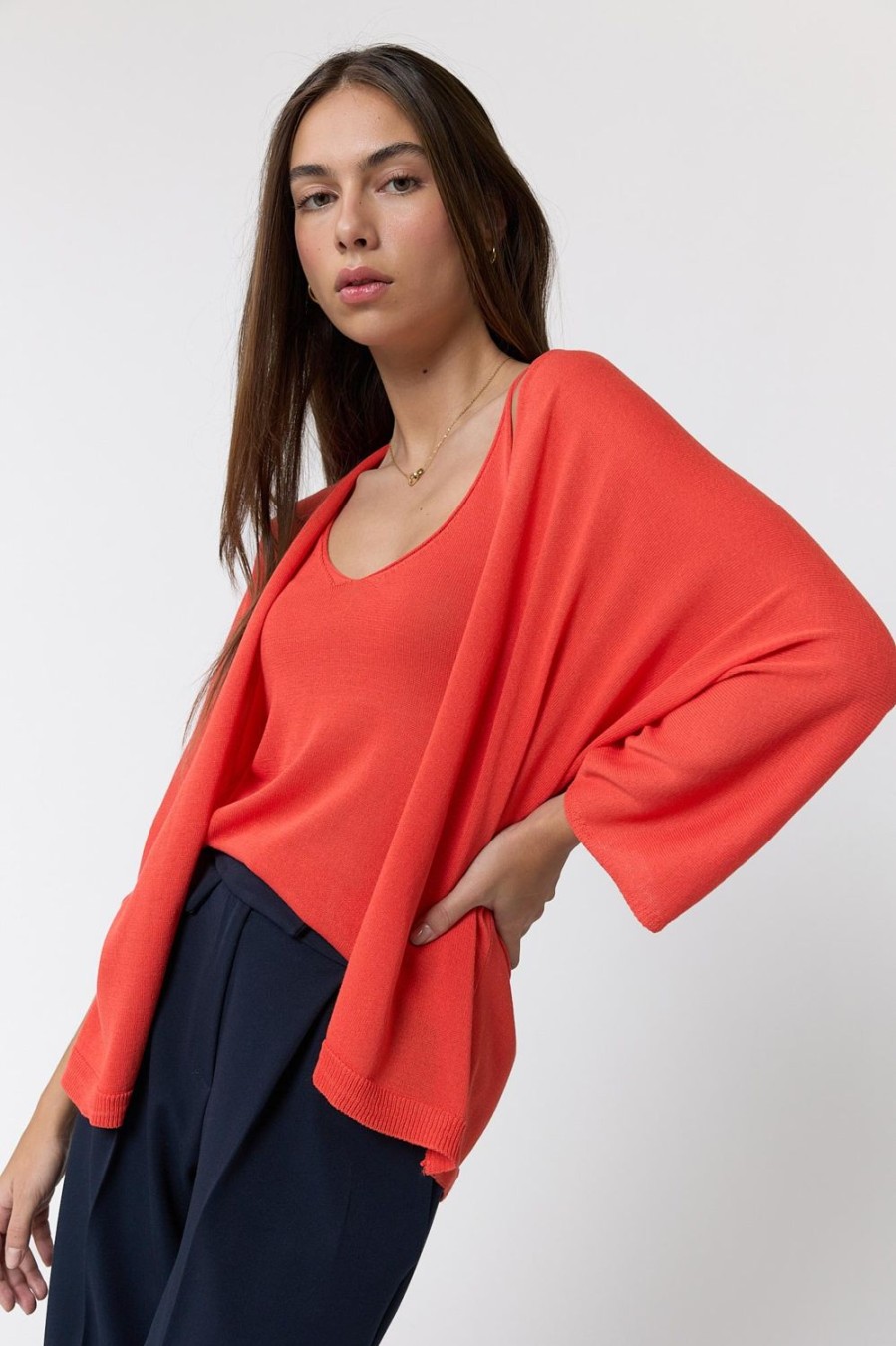 Jerseis Y Cardigans | Algo Bonito Kimono Oversize De Punto Fluido Manga 3/4 Coral