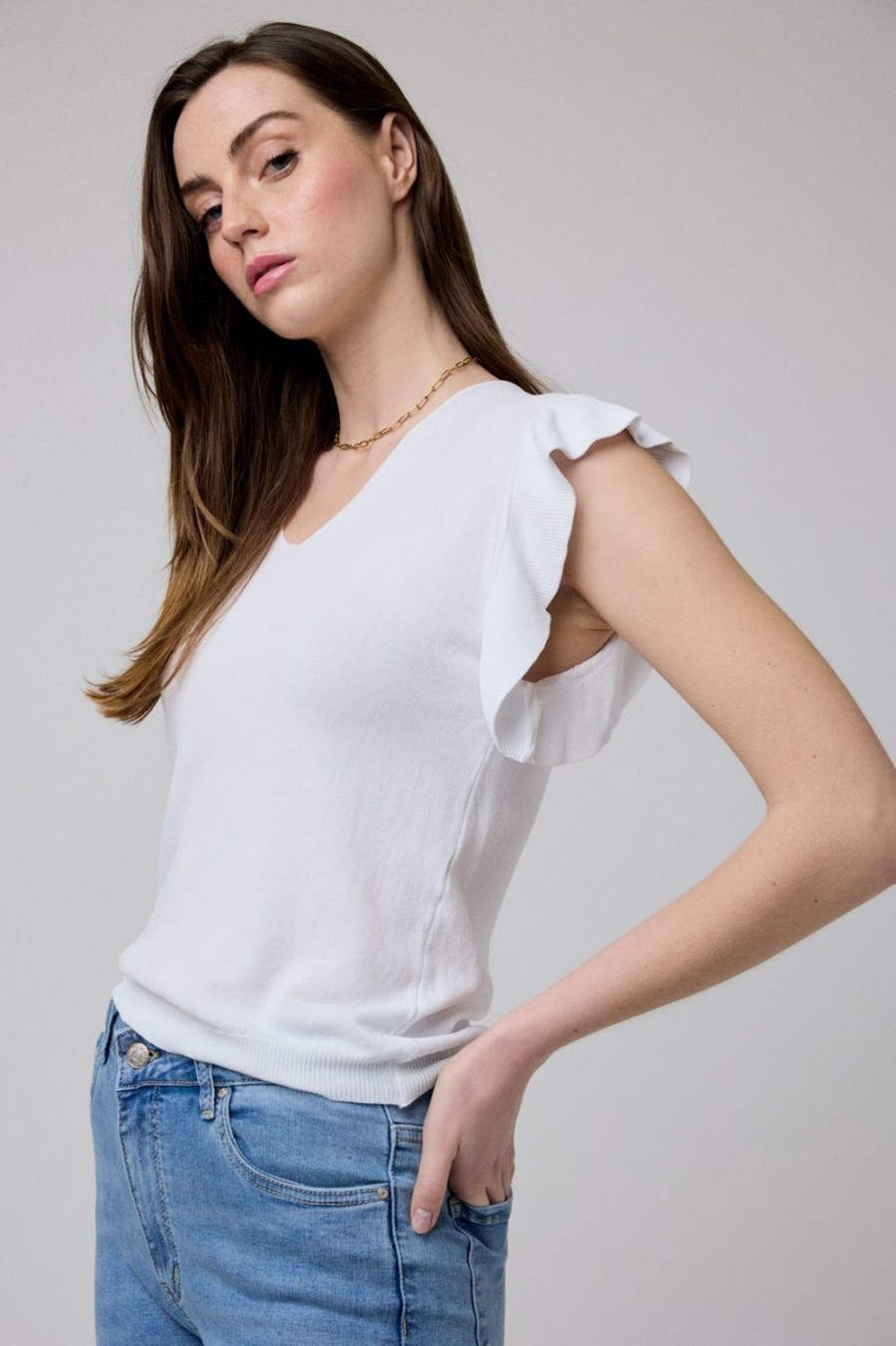 Tops | Algo Bonito Top Cuello Pico Manga Volantes Blanco