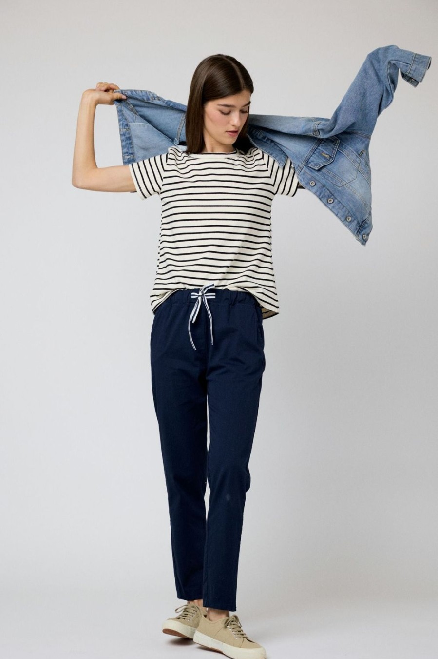 Pantalones | Algo Bonito Pantalon De Algodon Corte Recto Con Cordon Azul Marino