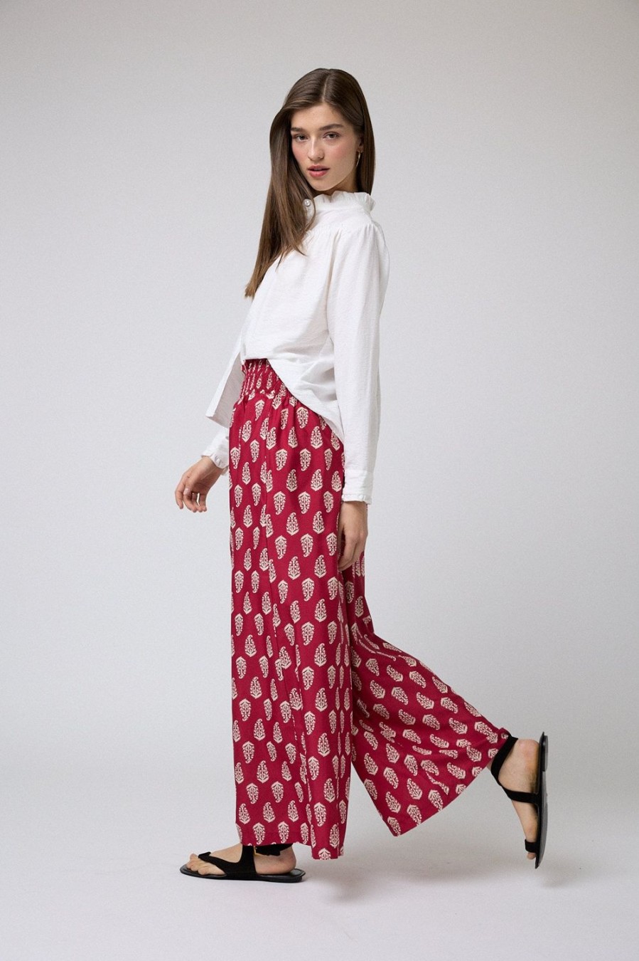 Pantalones | Algo Bonito Pantalon Palazzo Print Bicolor Rojo Fresa