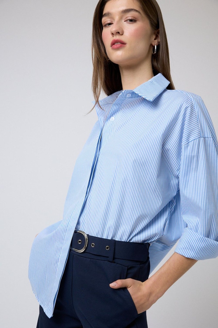 Camisas Y Blusas | Algo Bonito Camisa Basica De Rayas Azul Celeste