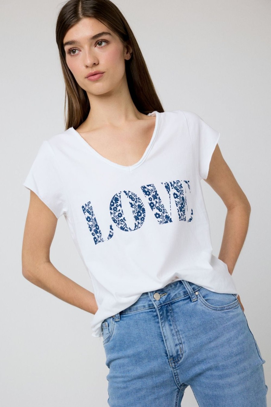 Camisetas | Algo Bonito Camiseta Love Floral Blanco Blanco/Azul