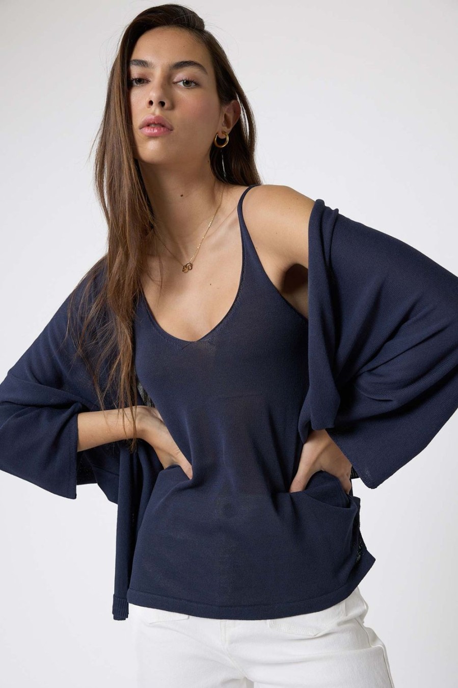 Punto | Algo Bonito Kimono Oversize De Punto Fluido Manga 3/4 Azul Marino