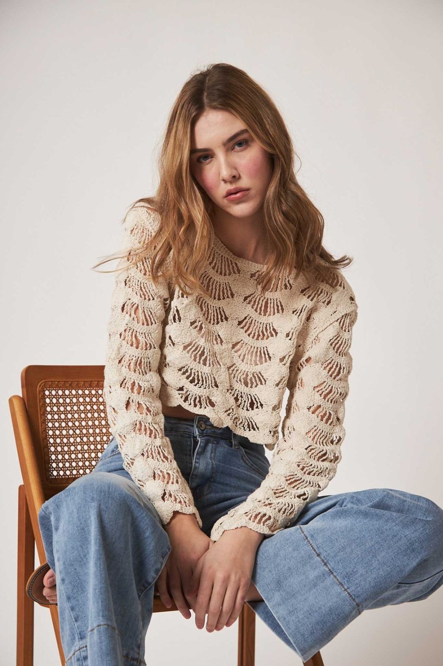 Jerseis Y Cardigans | Algo Bonito Top Cropped Crochet Conchas Beige