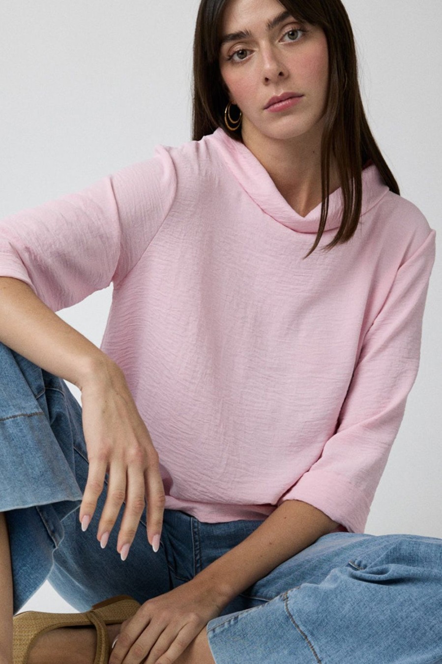 Tops | Algo Bonito Blusa Fluida Cuello Chimenea Manga 3/4 Rosa