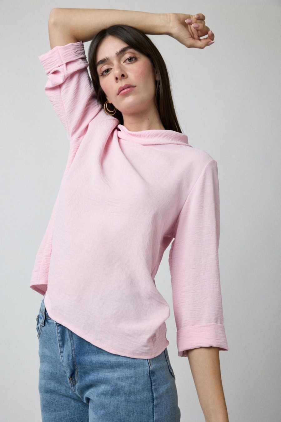 Tops | Algo Bonito Blusa Fluida Cuello Chimenea Manga 3/4 Rosa