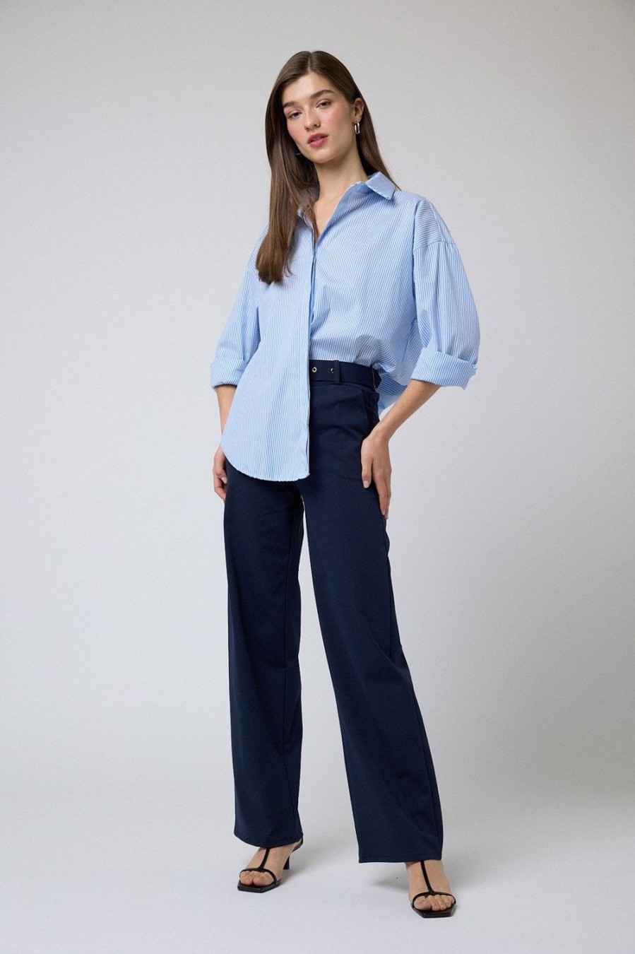 Pantalones | Algo Bonito Pantalon Flare De Traje Tiro Alto Con Cinturon Azul Marino